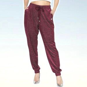NWT MICHAEL Michael Kors Women High Waist Metallic Jogger Pants 1X Dark Ruby
